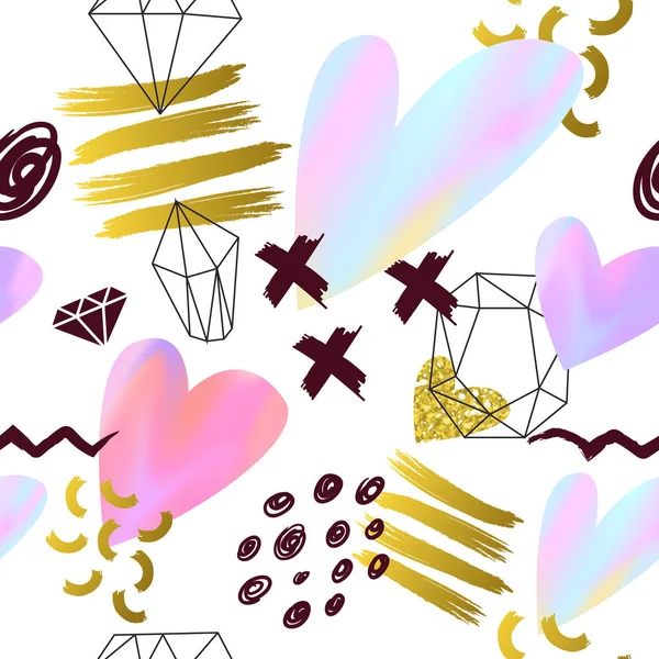 Nahtloses Muster im abstrakten Memphis-Stil mit rosa und goldenen Herzen. fröhlicher Valentinstag Hintergrund für Grußkarte — Stockvektor