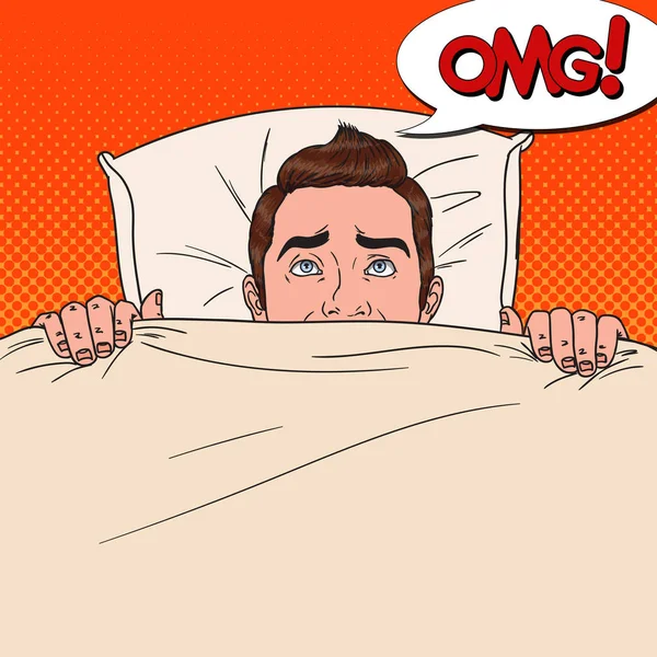 Поп-арт шокированный человек, прячущийся в постели. Шарф Гай заглядывает под одеяло — стоковый вектор
