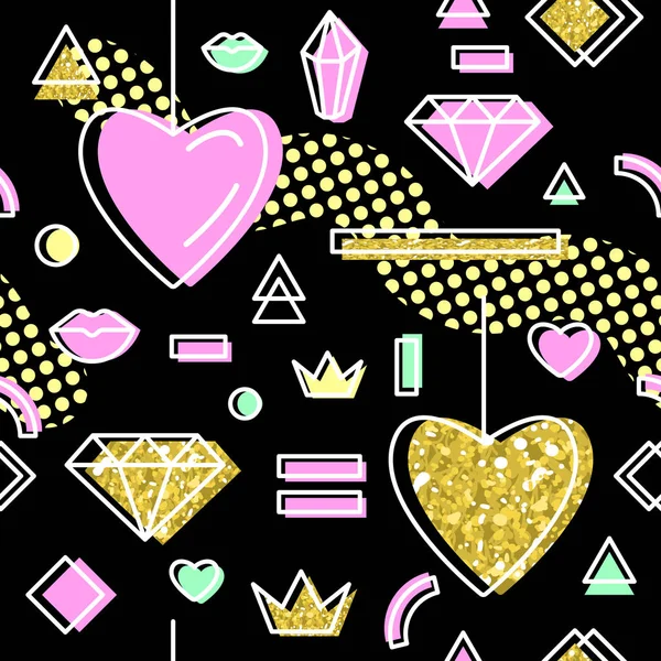 Abstract Memphis Style Seamless Pattern with Pink and Golden Hearts. Happy Valentines Day Background — Stock Vector