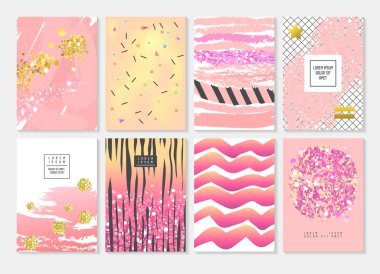 Soyut kartı şablonu altın Glitter ve pembe el ile çizilmiş öğeleri ayarlayın. Posterler kapak broşür davetiye tasarımı. Vektör çizim