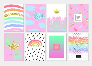 Soyut kartı şablonu altın Glitter ve pembe el ile çizilmiş öğeleri ayarlayın. Posterler kapak broşür davetiye tasarımı. Vektör çizim