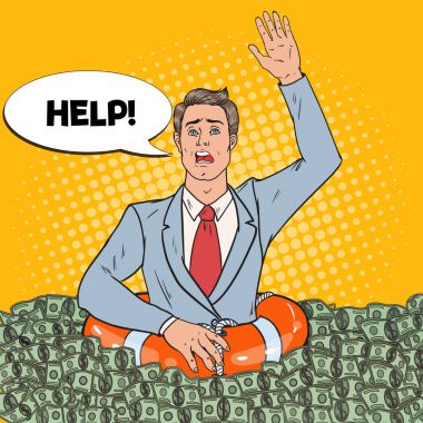 Pop Art başarılı adam para batıyor. Lifebuoy yardımını ile iş adamı. Vektör çizim