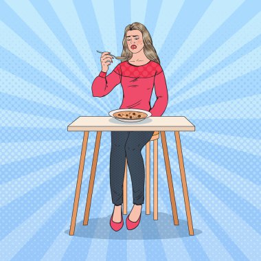 Pop Art Woman Tasting Soup with Disgusting Face. Tasteless Food. Vector illustration clipart