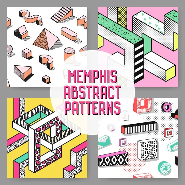 Conjunto de patrones sin costura estilo Memphis abstracto. Hipster Moda 80s 90s fondos con elementos geométricos. Ilustración vectorial — Vector de stock