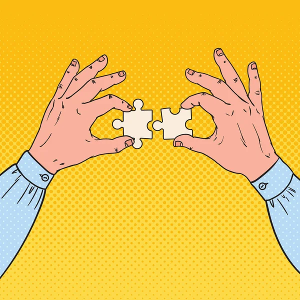 Männliche Pop-Art-Hände mit zwei Puzzleteilen. Business-Lösungskonzept. Vektorillustration — Stockvektor