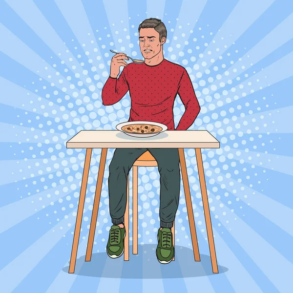 Pop Art Man Comendo Sopa com Rosto Nojento. Comida sem gosto. Ilustração vetorial —  Vetores de Stock