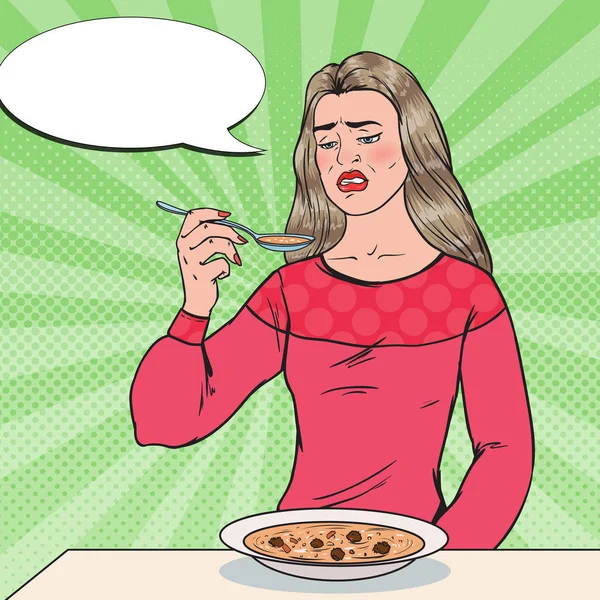 Mulher Pop Art Comendo Sopa com Rosto Nojento. Comida sem gosto. Ilustração vetorial — Vetor de Stock