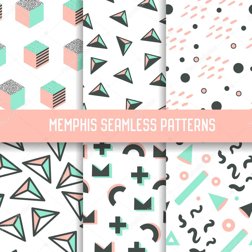 Abstract Memphis Style Seamless Pattern Set. Hipster Backgrounds with Geometric Elements. Vector illustration
