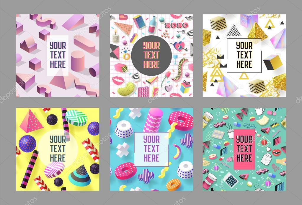Trendy Abstract Memphis Poster Templates Set with Place for your Text. Hipster Banners Backgrounds 80-90 Vintage Style. Vector illustration