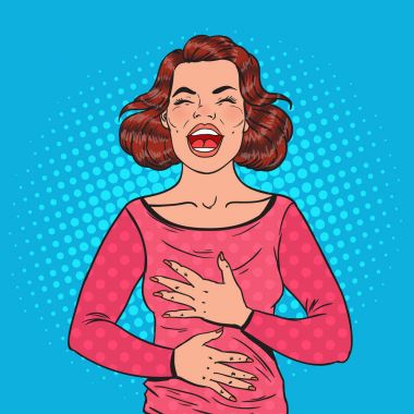 Pop Art portre mutlu kadının karnı üzerinde elleriyle zor gülüyor. Olumlu duygu yüz ifadesi. Vektör illustation