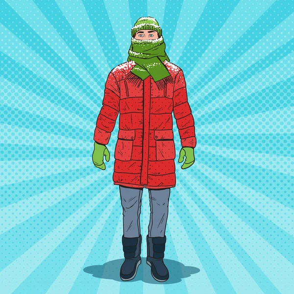 Pop Art Frozen Man in Warm Winter Clothes. Clima frío. Ilustración vectorial — Vector de stock