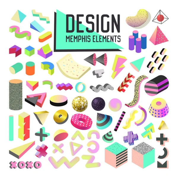 Abstracte Memphis stijl elementen ontwerpset. Geometrische Shapes-collectie met 3D-vormen en vloeistof voor patronen, achtergronden, Brochure, Poster, Flyer, dekken. Vectorillustratie — Stockvector