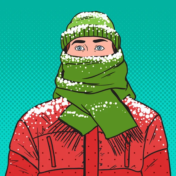 Pop Art Portrait of Frozen Man in Warm Winter Clothes (en inglés). Clima frío. Ilustración vectorial — Archivo Imágenes Vectoriales