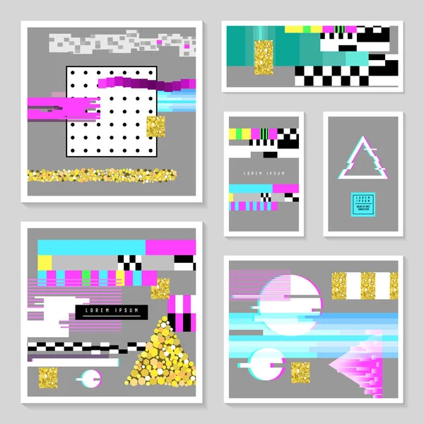 Glitch Σχεδιασμός αφίσας πρότυπα σύνολο. Cyberpunk ψηφιακή φόντο με τα γεωμετρικά στοιχεία του ντεγκραντέ. Αφηρημένη σύνθεση για ύφασμα μόδας 80s-90s, φυλλάδια, κάλυμμα. Εικονογράφηση διάνυσμα — Διανυσματικό Αρχείο