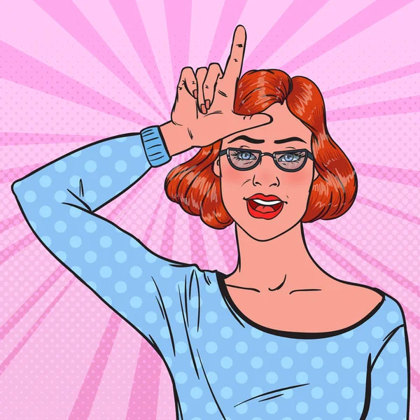 Pop Art Pretty Young Woman Gesturing Hand Sign Loser on Forehead. Facial Expression. Vector illustration — Stock Vector