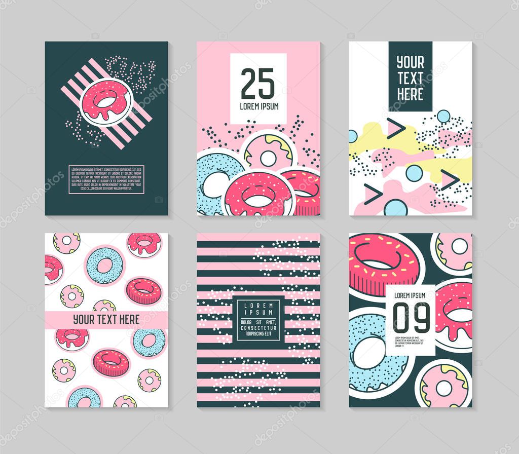 Abstract Memphis Style Posters Template Set. Vintage Hipster Fashion 80s-90s Backgrounds with Donuts for Banners, Ad, Cover. Vector illustration