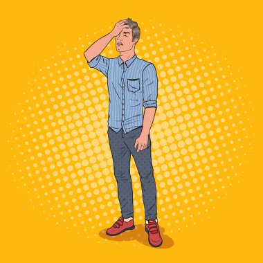 Pop Art Stressed Man Covering his Face with Hand. Negative Emotion Facial Expression. Vector illustration clipart