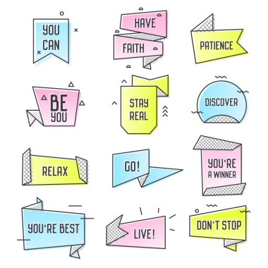 Soyut geometrik kabarcıklar afiş şablon Set ile olumlu duygu metinlerde. VINTAGE Poster tasarım Memphis tarzı. Vektör çizim