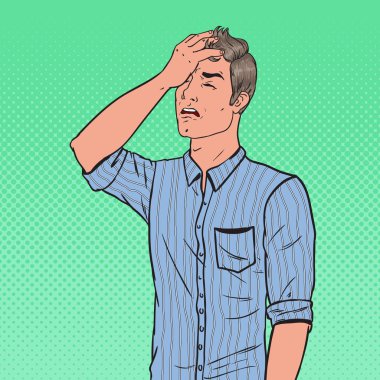 Pop Art mutsuz adam kapsayan yüzünü eli ile. Negatif duygu yüz ifadesi. Vektör çizim