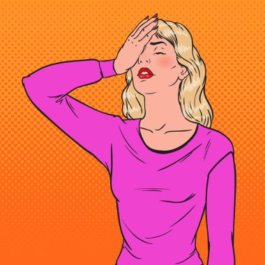 Elleriyle yüzünü kaplayan Pop Art utanç genç kadın. Yüz ifadesi negatif duygu. Vektör çizim