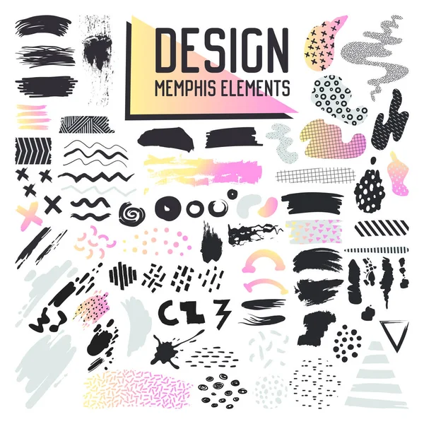 Abstract Memphis Style Design Elements Set. Raccolta pennelli Grunge disegnati a mano per motivi, sfondi, brochure, poster, volantino, copertina. Illustrazione vettoriale — Vettoriale Stock