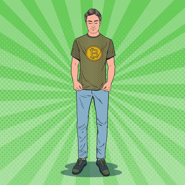 Pop Art νέος άνδρας φορώντας το T-shirt με στάμπα του Bitcoin. Κρυπτό νόμισμα επαγγελματίες. Εικονογράφηση διάνυσμα — Διανυσματικό Αρχείο