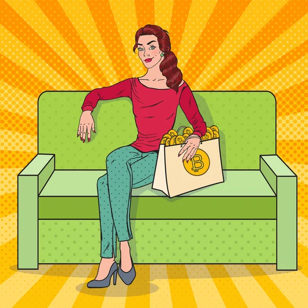 Pop-Art šťastná žena s nákupní taškou plnou Bitcoin kryptoměn. Virtuální měna. Vektorové ilustrace — Stockový vektor