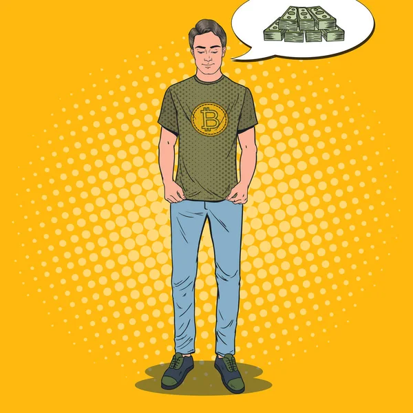 Pop Art Young Man Vestindo em camiseta com Bitcoin Print Sonhando com Big Money. Criptomoeda Negócios. Ilustração vetorial —  Vetores de Stock