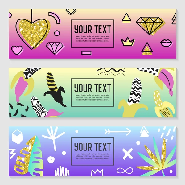 Horisontella Banners Set med guldglitter geometriska element, hjärtan och tropiska löv. Affisch inbjudan verifikationsmallar. Abstrakta kort Design. Vektorillustration — Stock vektor