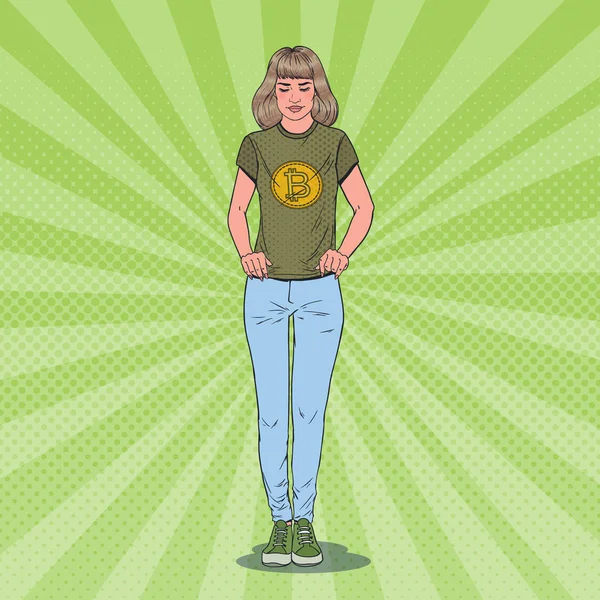 Pop Art fiatal nő visel a T-shirt nyomtatás Bitcoin. Crypto valuta üzleti. Vektoros illusztráció — Stock Vector