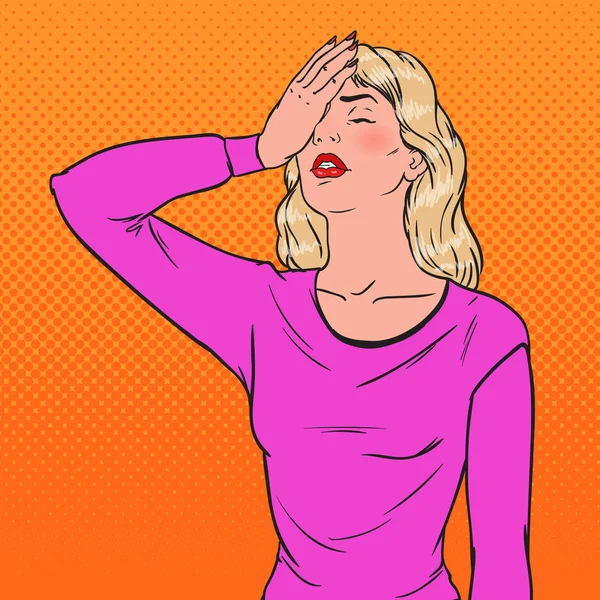 Popart beschaamd jonge vrouw die betrekking hebben op haar gezicht met handen. Gelaatsuitdrukking negatieve emotie. Vectorillustratie — Stockvector