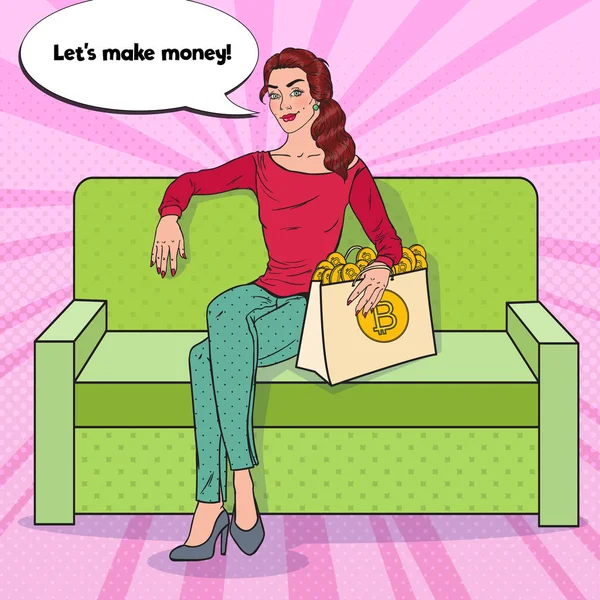 Pop-Art-Geschäftsfrau mit Einkaufstasche voller Bitcoin-Kryptowährung. virtuelle Währung. Vektorillustration — Stockvektor