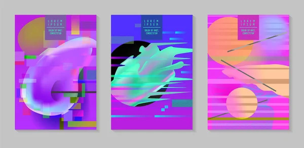 Carteles, cubiertas con efecto Glitch y formas de fluidos Bauhaus. Conjunto de diseño hipster futurista abstracto para cartelera, pancarta, volantes. Ilustración vectorial — Archivo Imágenes Vectoriales