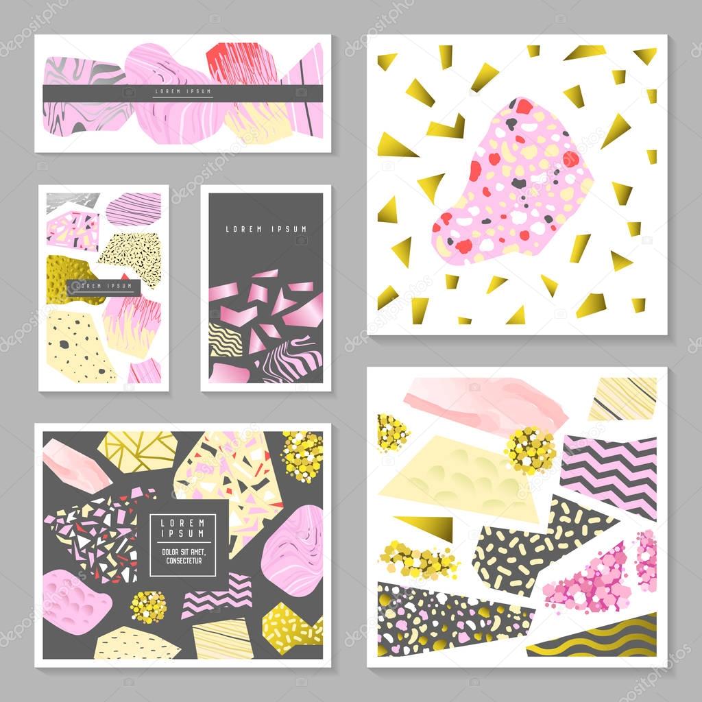 Abstract Memphis Posters Templates Set with Golden Glitter Geometric Elements. Banners, Cards, Brochure, Cover, Flyer Backgrounds. Vector illustration