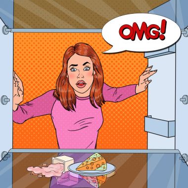 Pop Art mutsuz aç kadın komik konuşma balonu ile boş buzdolabında arıyor. Vektör çizim