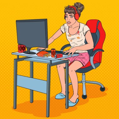 Pop Art genç kadın Video oyunları oynarken yorgun. Bilgisayar bağımlısı kız. Vektör çizim