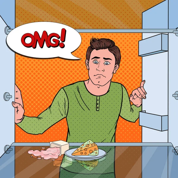 Pop Art unglücklicher hungriger Mann, der in leeren Kühlschrank schaut. Vektorillustration — Stockvektor