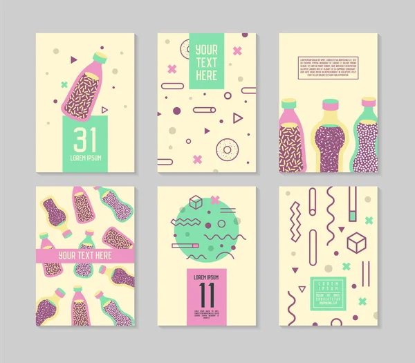 Poster Gaya Memphis Abstrak Templat Ditata. Vintage Hipster Fashion 80s-90s Backgrounds with Drinks for Banners, Ad, Covers, Placards (dalam bahasa Inggris). Ilustrasi vektor - Stok Vektor