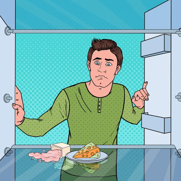 Pop-Art smutný hladový člověk hledá v prázdné lednici. Vektorové ilustrace — Stockový vektor