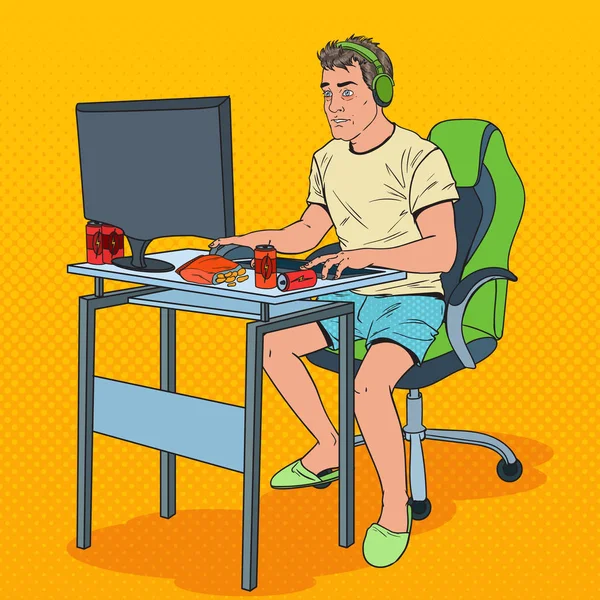 Pop Art Frustrated Man Playing Video Games (en inglés). Un chico adicto a la computadora. Ilustración vectorial — Vector de stock
