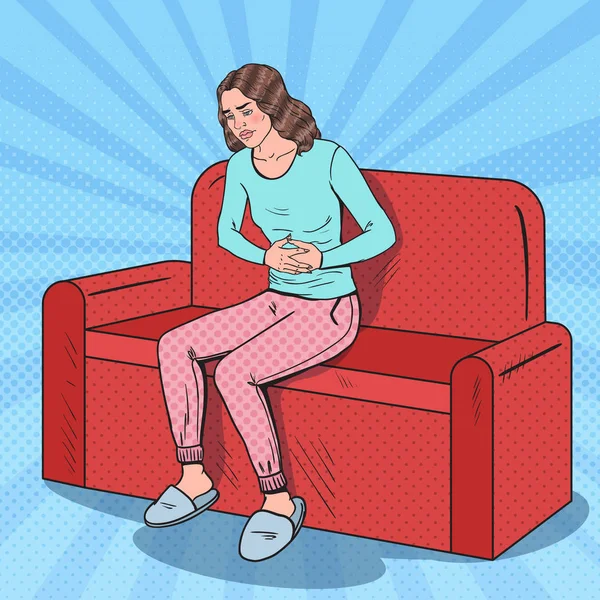 Pop Art Young Woman Suffering Stomach Ache. Abdominal Pain. Vector illustration — Stock Illustration Pop Art Young Woman Suffering Stomach Ache. Abdominal Pain. Vector illustration Royalty Free Stock Illustrations