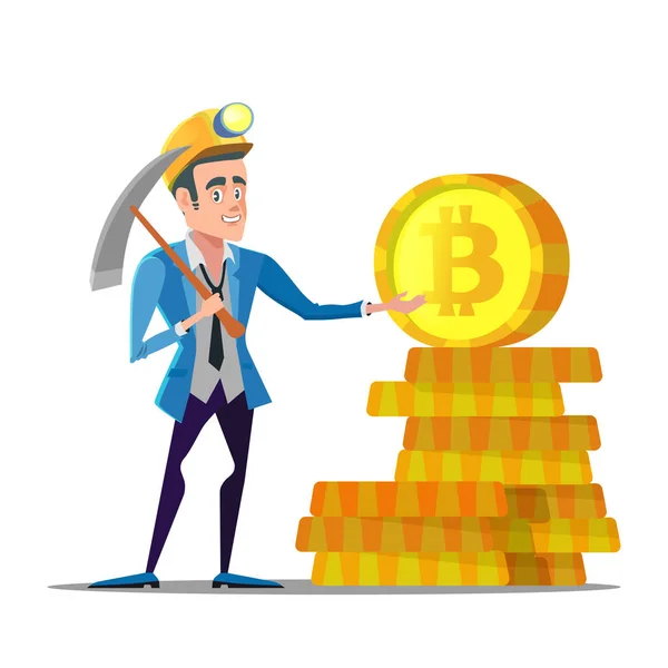 Desenhos animados bem sucedidos Bitcoin Miner com Pickaxe e moedas de ouro. Conceito de mercado de moeda criptografada —  Vetores de Stock