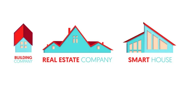 Paper Cut Out Logo Template Set dengan Rumah Swasta. Simbol Origami Real Estate untuk Merek, Brosur, Identitas - Stok Vektor