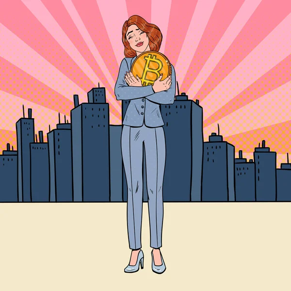 Pop Art Happy Business Woman Holding Big Bitcoin Coin in the City. Crypto Currency Network Technology — Stock Vector