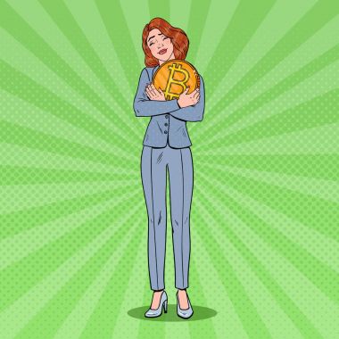 Büyük Bitcoin para tutan sanat mutlu iş kadın pop. Kripto para birimi ağ teknolojisi