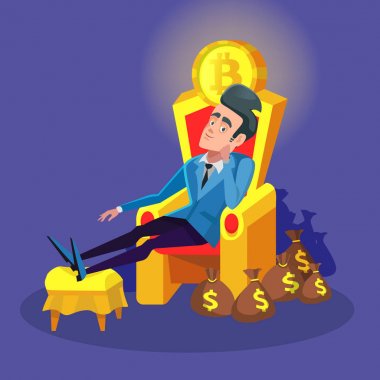 Bitcoin ve para yığınları ile tahta oturan zengin başarılı bir iş adamı. Cryptocurrency Pazar kavramı