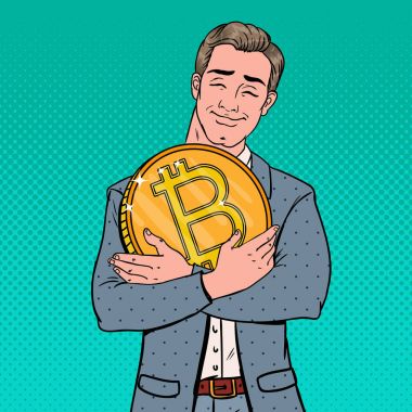 Büyük Bitcoin para tutan sanat genç işadamı pop. Kripto para birimi Teknoloji Merkezi olmayan