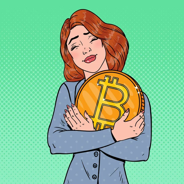 Pop-Art junge Geschäftsfrau mit großen Bitcoin-Münzen. Technologie für Kryptowährungen — Stockvektor