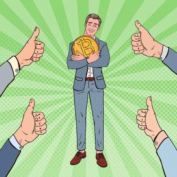 Pop Art Empresário feliz segurando grande moeda Bitcoin com as mãos polegares para cima. Criptomoeda Tecnologia Descentralizada —  Vetores de Stock