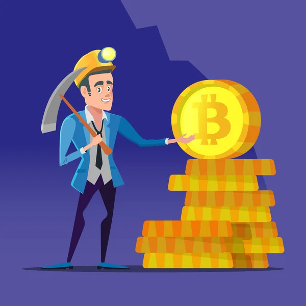 Desenhos animados bem sucedidos Bitcoin Miner com Pickaxe e moedas de ouro. Conceito de mercado de moeda criptografada —  Vetores de Stock